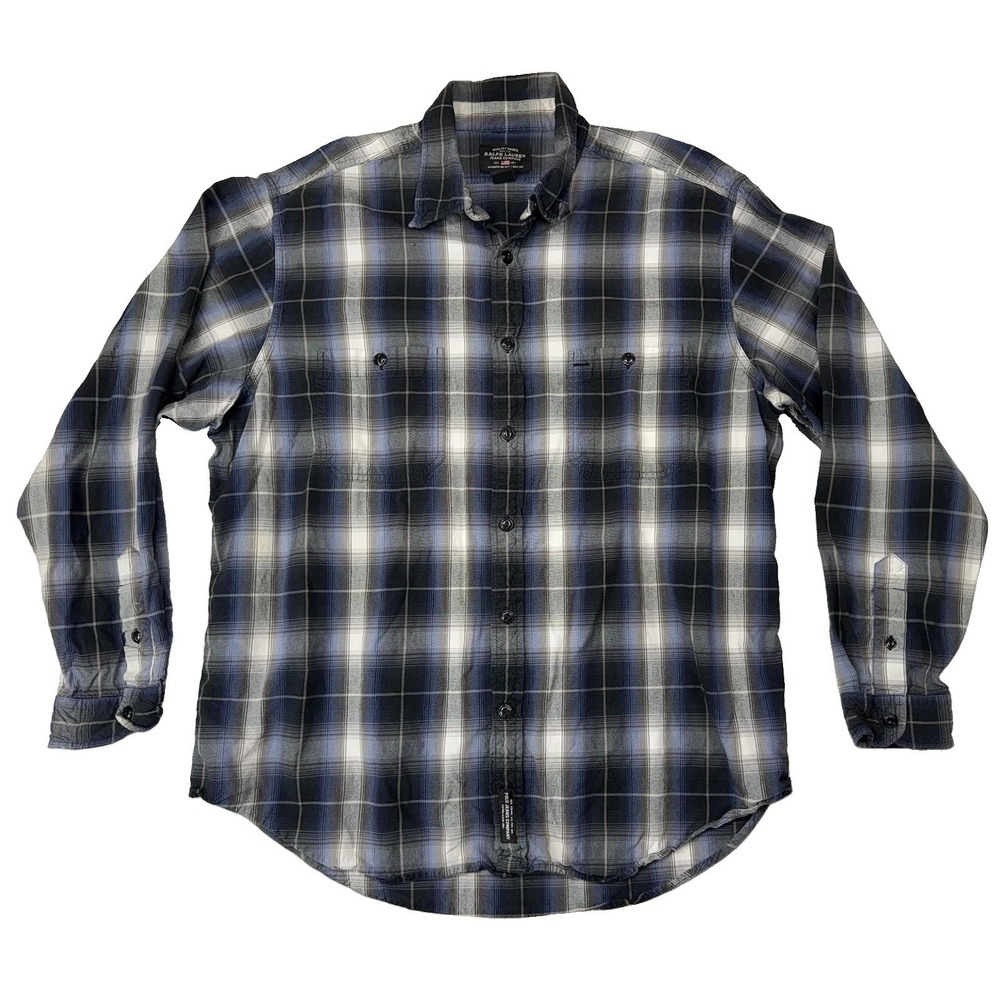 Ralph Lauren Jeans Co Mens Blue Gray White Plaid L/S Flannel Shirt Size XL